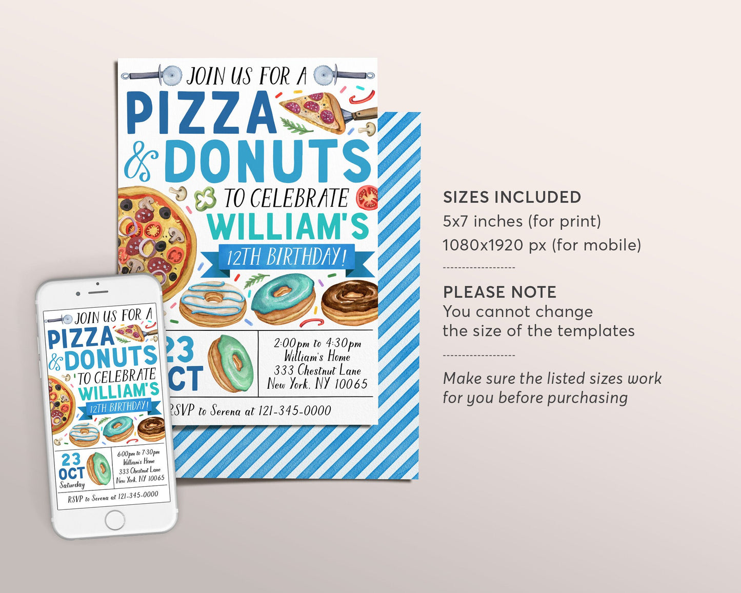 Pizza and Donuts Birthday Invitation Editable Template, Boy Donut And Pizza Party Invite, Kids Pizzeria Pizza Making Evite, Slice Of Fun