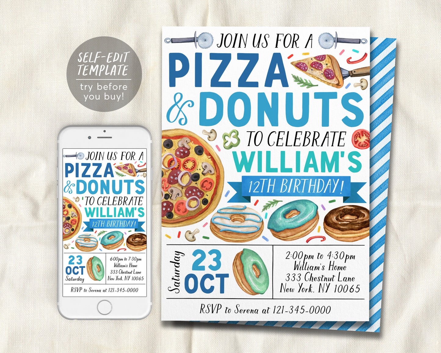 Pizza and Donuts Birthday Invitation Editable Template