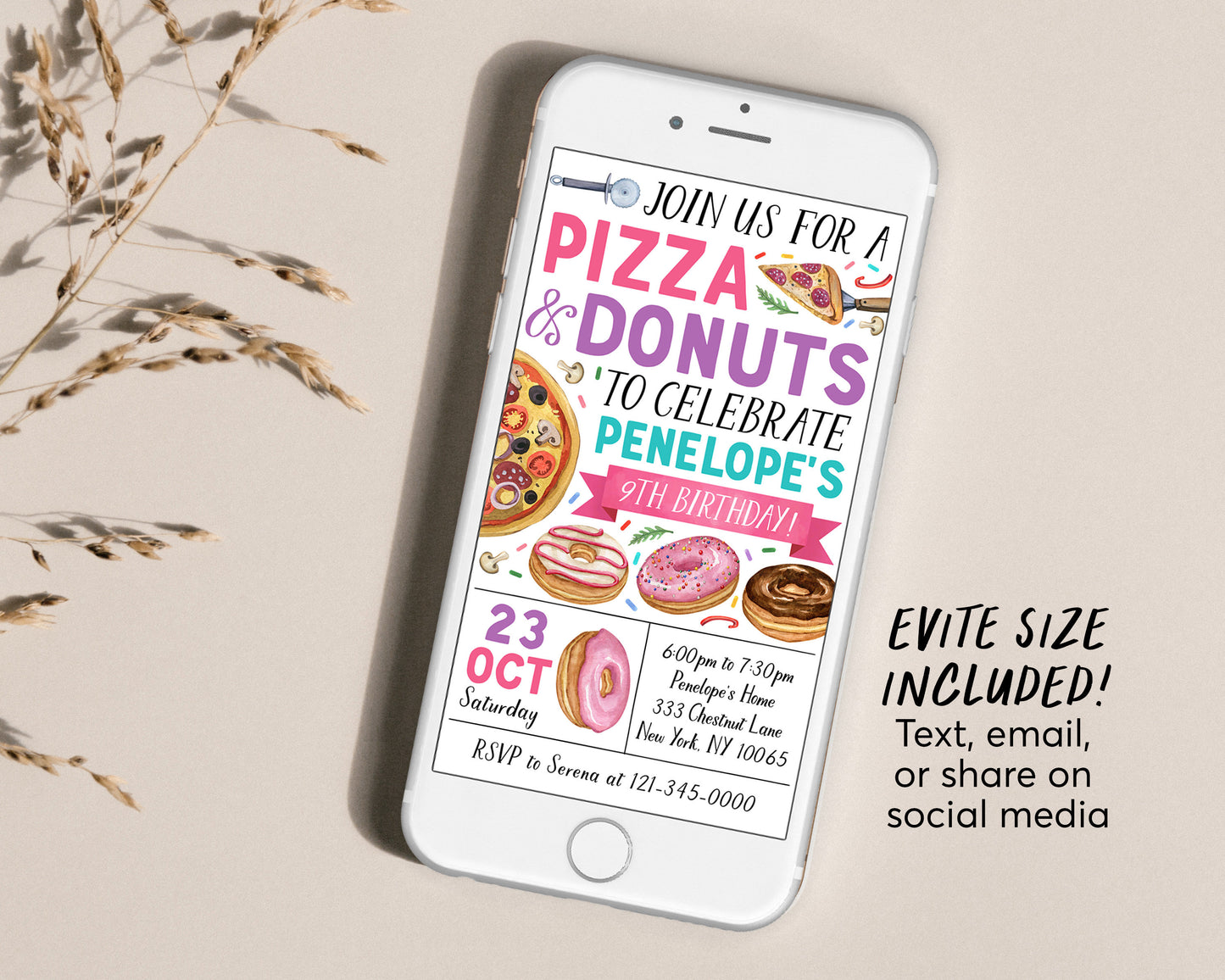 Pizza and Donuts Birthday Invitation With Photo Editable Template, Girl Donut And Pizza Party Invite, Kids Pizzeria Pizza Making Evite