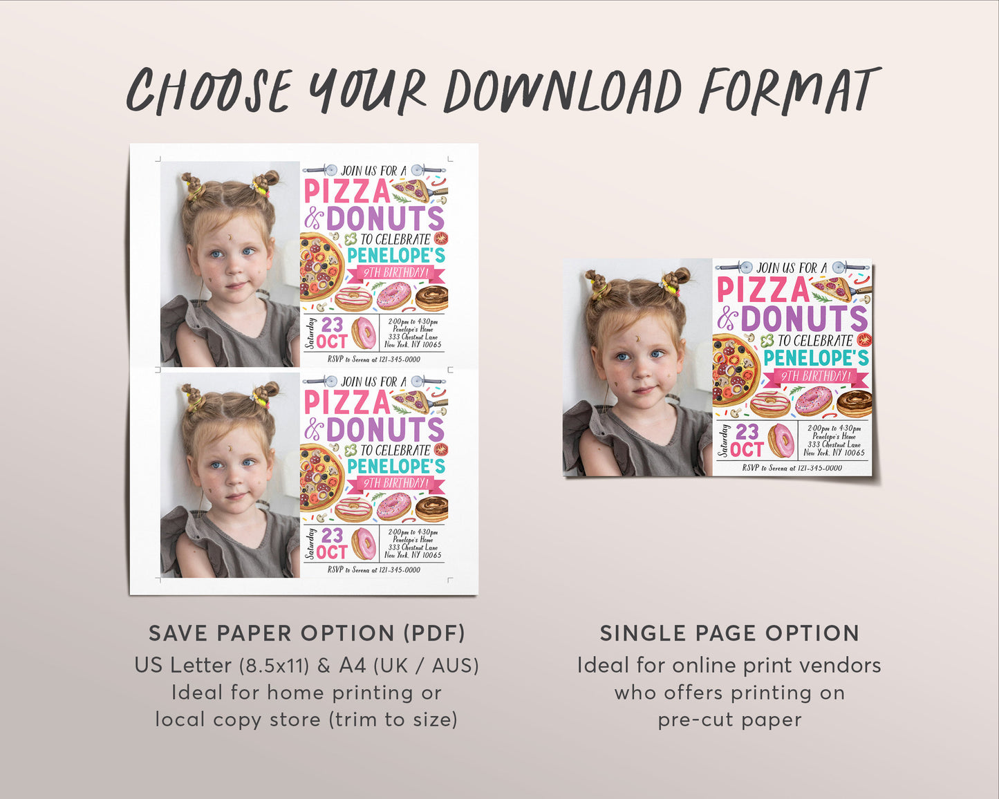 Pizza and Donuts Birthday Invitation With Photo Editable Template, Girl Donut And Pizza Party Invite, Kids Pizzeria Pizza Making Evite