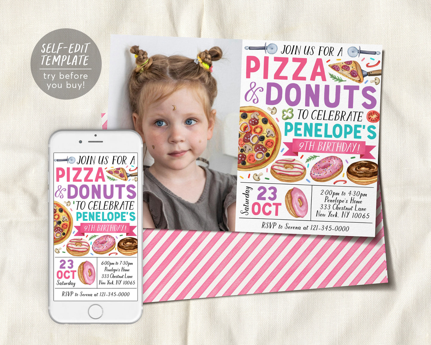 Pizza and Donuts Birthday Invitation With Photo Editable Template