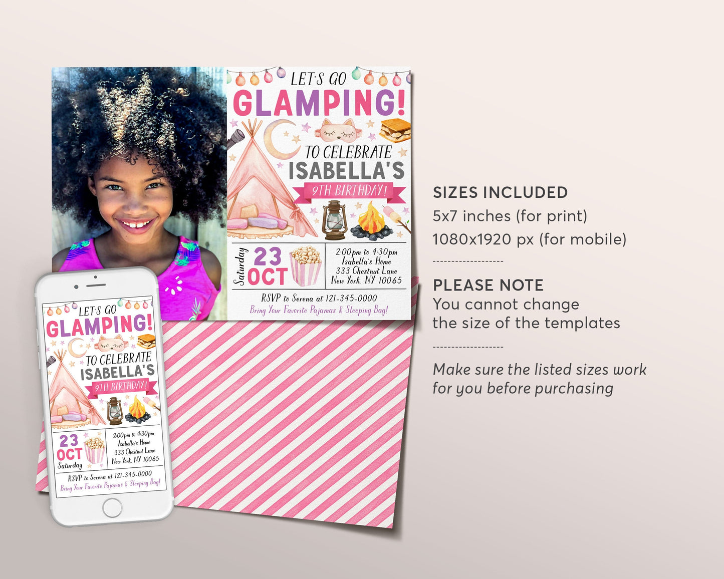 Glamping Birthday Invitation With Photo Editable Template, Outdoor Camping Party Invite, Kids Girl Sleepover Camp Out Evite, Bonfire Party