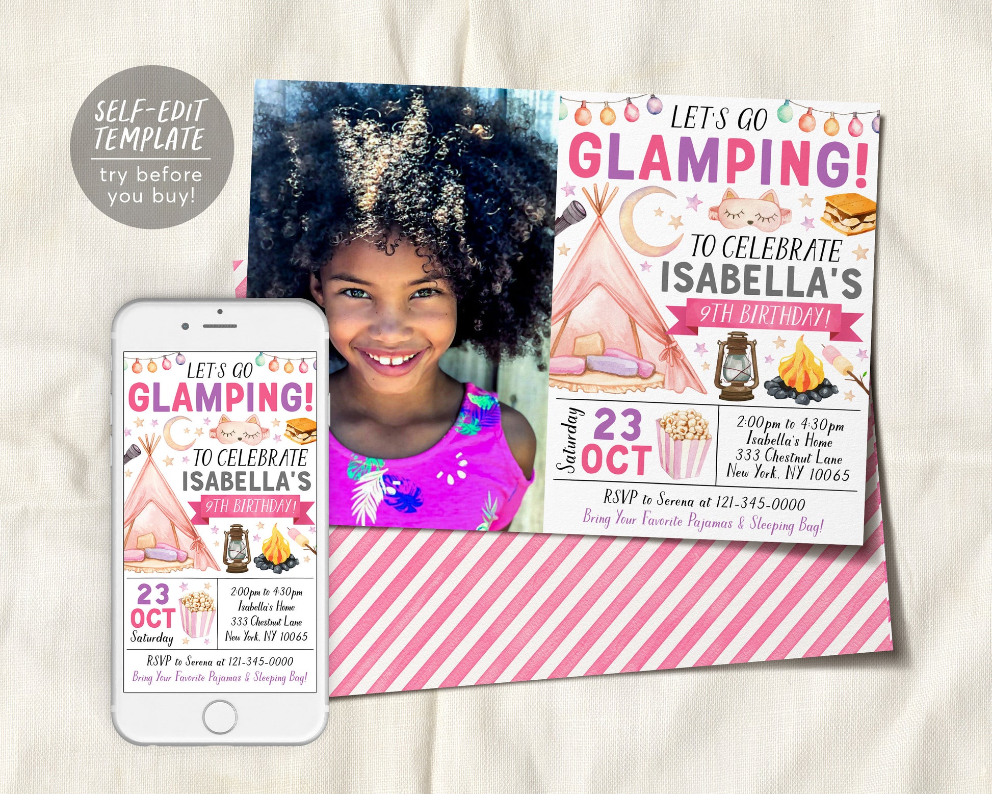 Glamping Birthday Invitation With Photo Editable Template