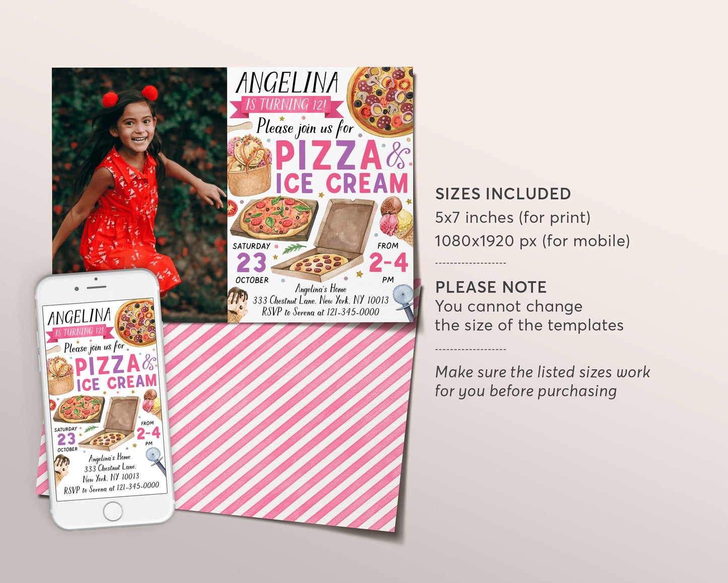 Pizza and Ice Cream Birthday Party Invitation With Photo Editable Template, Kids Girl Summer Ice Cream Party Invite, Pizza Making Evite