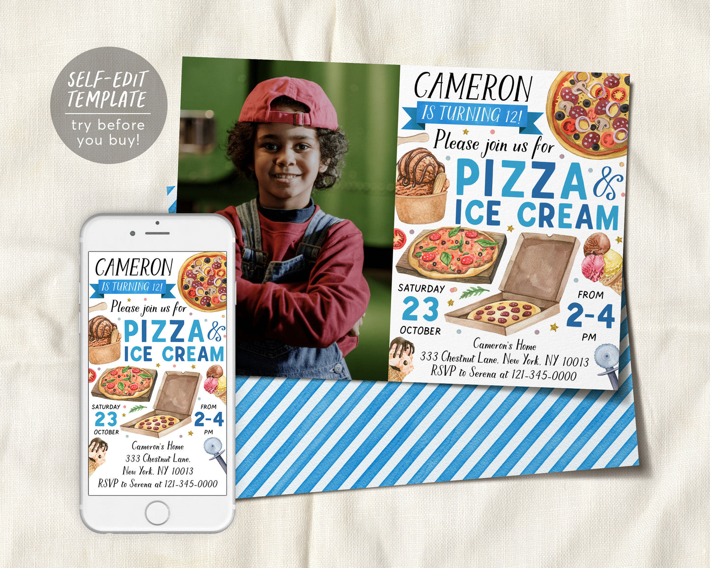 Pizza and Ice Cream Birthday Party Invitation With Photo Editable Template