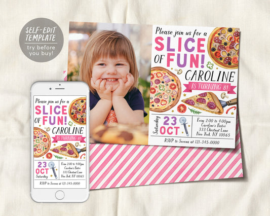 Pizza Party Birthday Invitation With Photo Editable Template