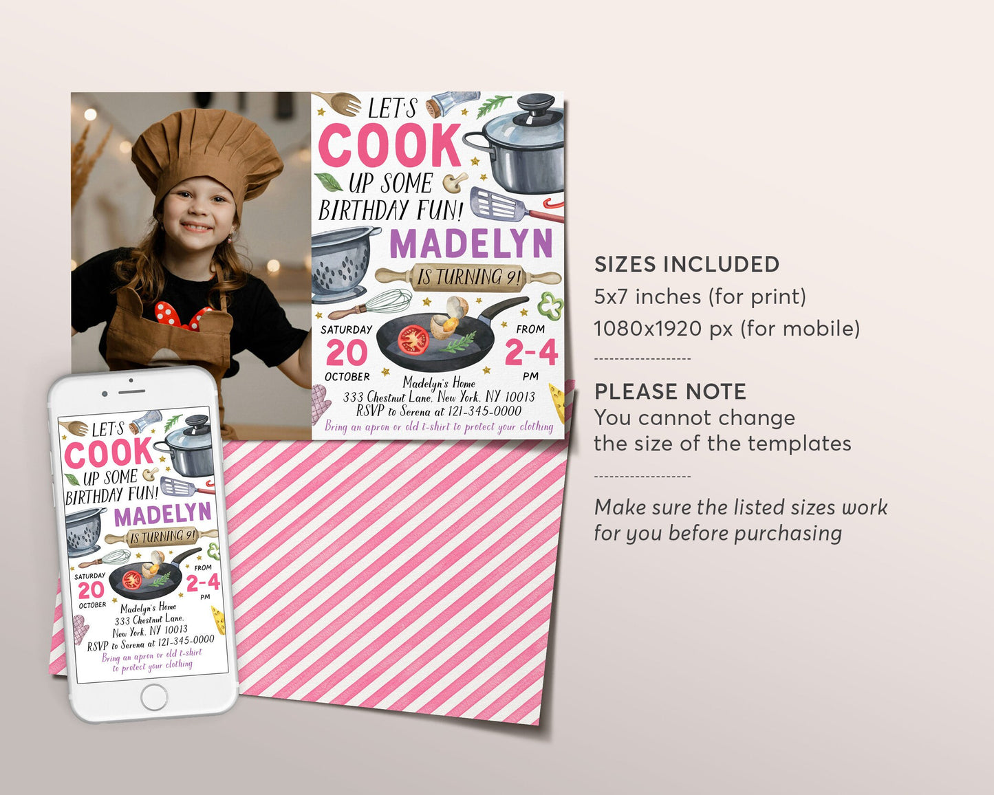 Cooking Party Birthday Invitation With Photo Editable Template, Kids Cooking Class Invite, Girl Chef Kitchen Baking Party Evite, Little Chef