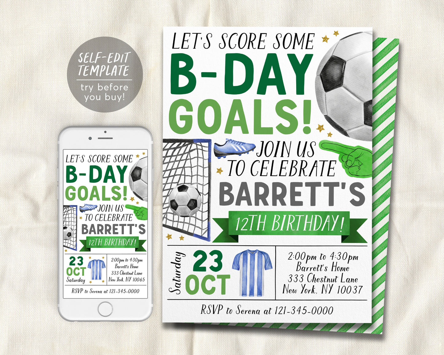 Soccer Birthday Invitation Editable Template