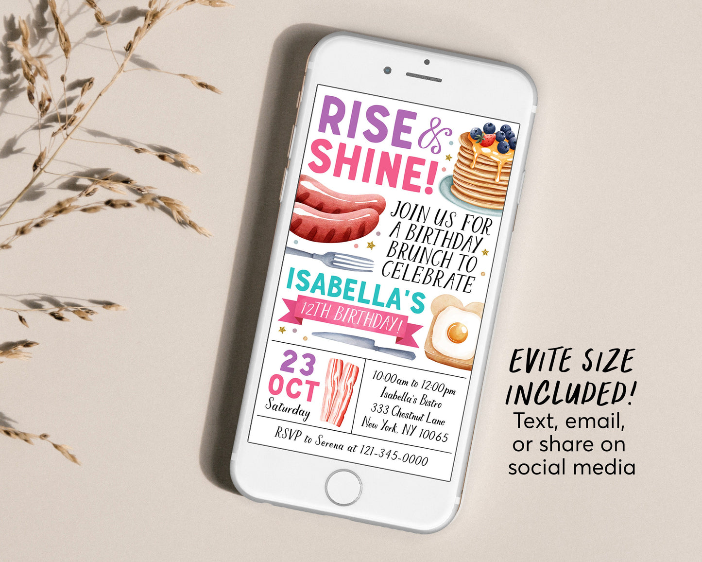 Rise and Shine Kids Breakfast Brunch Invitation Editable Template, Girl Brunch Birthday Invite, Pancakes Bacon Eggs Digital Evite Printable