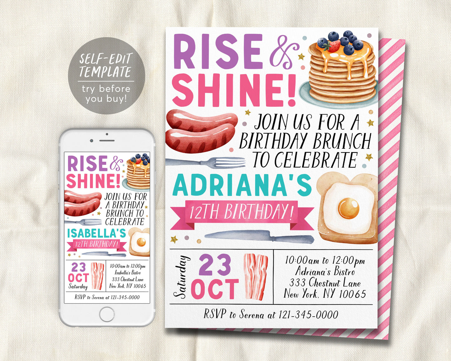 Rise and Shine Birthday Breakfast Brunch Invitation Editable Template