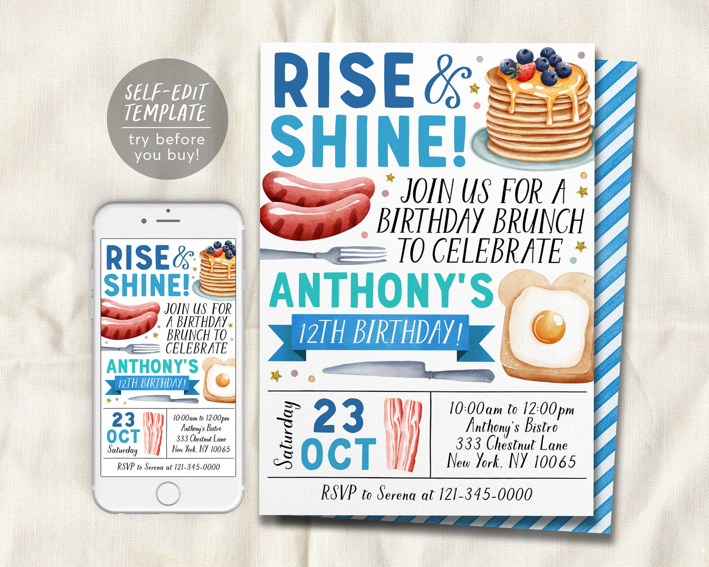 Rise and Shine Kids Breakfast Brunch Invitation Editable Template