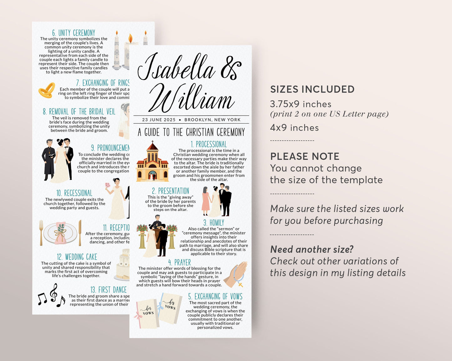 Christian Wedding Program Editable Template, Tall Unique Christian Ceremony Guide, Wedding Traditions Infographic, Church Order of Service
