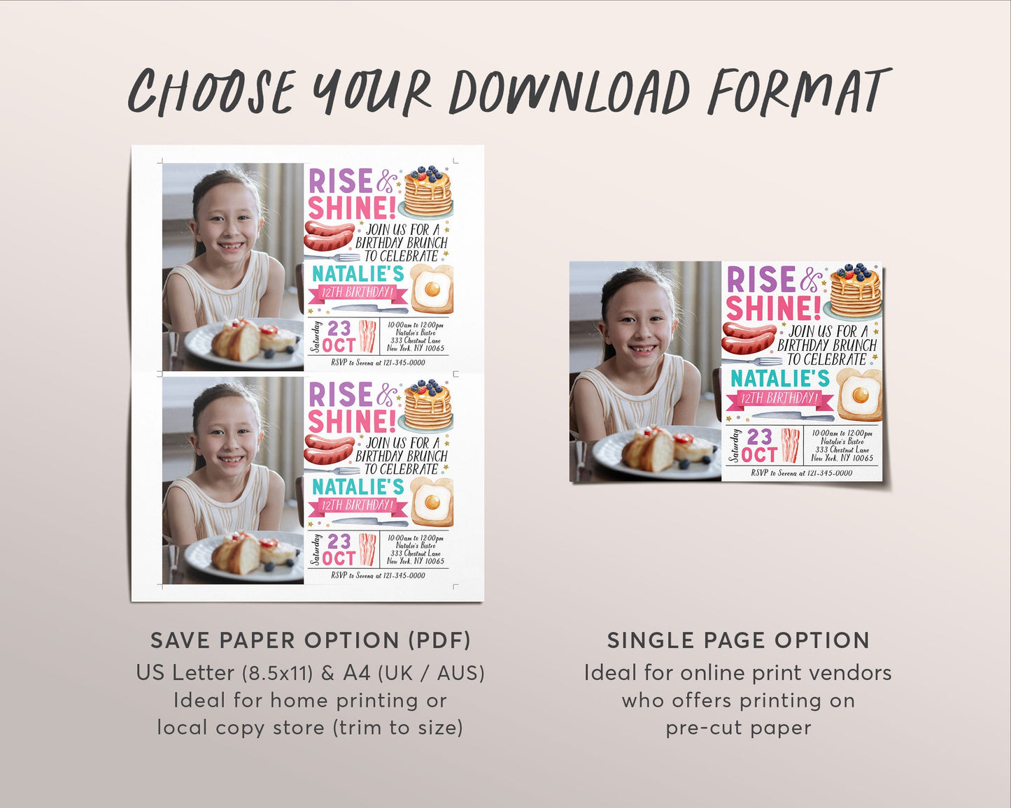 Rise and Shine Kids Breakfast Brunch Invitation With Photo Editable Template, Girl Brunch Birthday Invite, Pancakes Digital Evite Printable