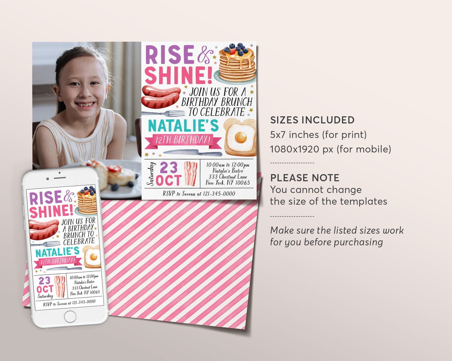 Rise and Shine Kids Breakfast Brunch Invitation With Photo Editable Template, Girl Brunch Birthday Invite, Pancakes Digital Evite Printable