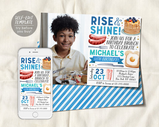 Rise and Shine Kids Breakfast Brunch Invitation With Photo Editable Template