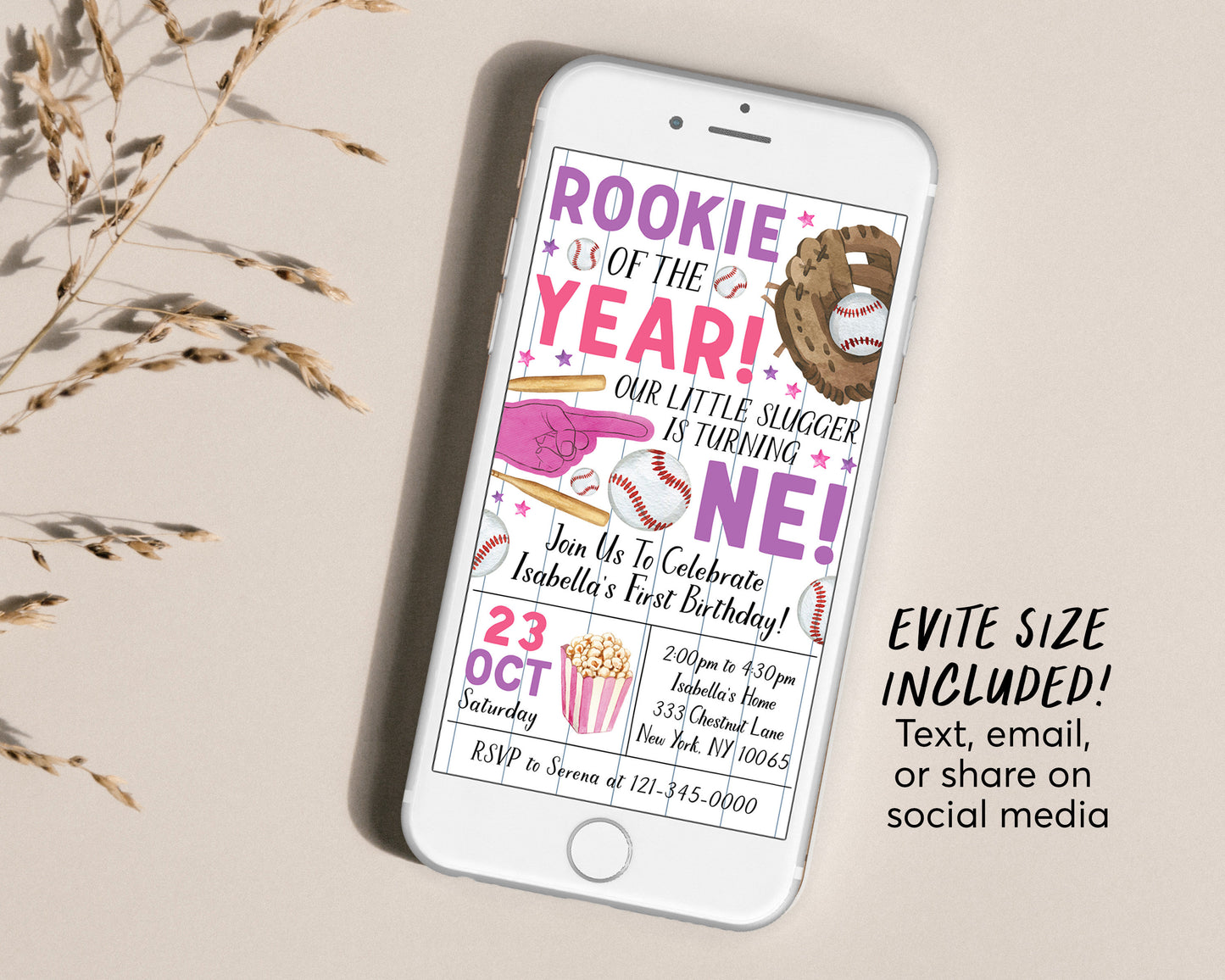 Baseball First Birthday Invitation Editable Template, Girl Rookie Of The Year Invite, Kids Sports Theme Game Day All Stars Evite Printable