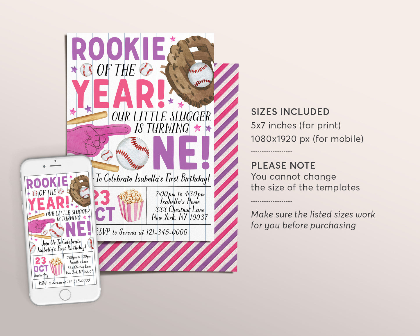 Baseball First Birthday Invitation Editable Template, Girl Rookie Of The Year Invite, Kids Sports Theme Game Day All Stars Evite Printable