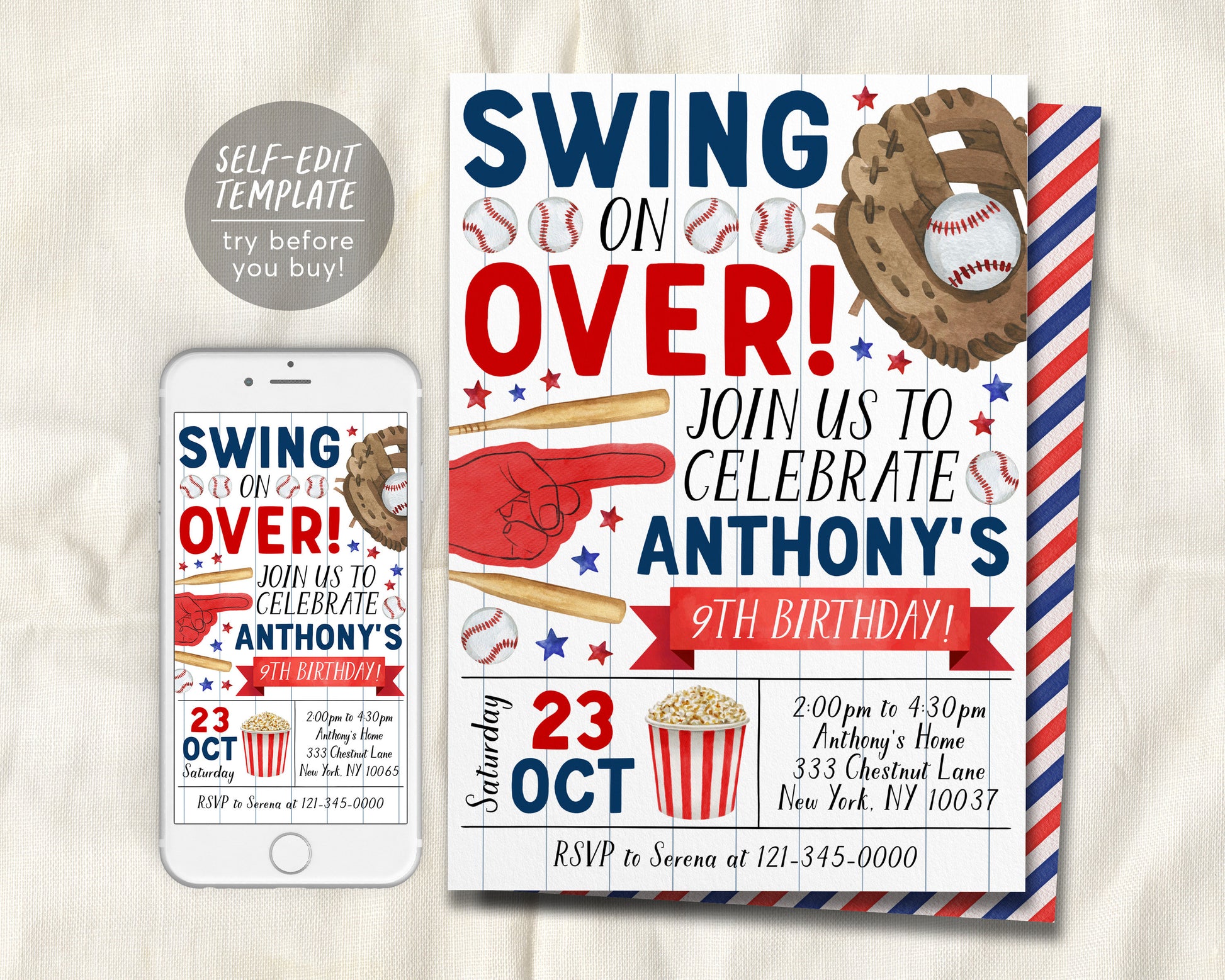 Baseball Birthday Invitation Editable Template