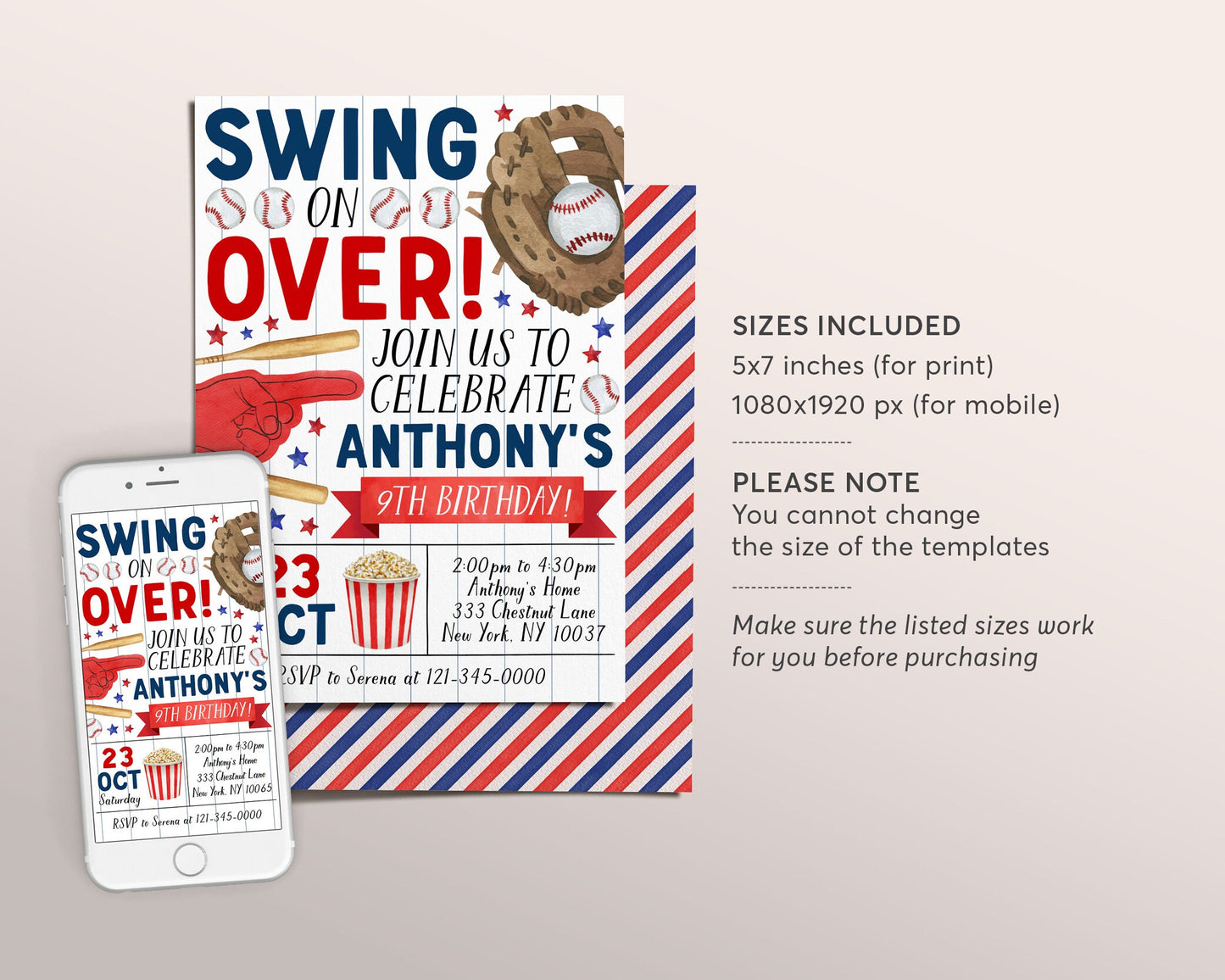 Baseball Birthday Invitation Editable Template, Boy Swing On Over Invite, Kids Slugger Sports Theme Game Day All Stars Evite Printable