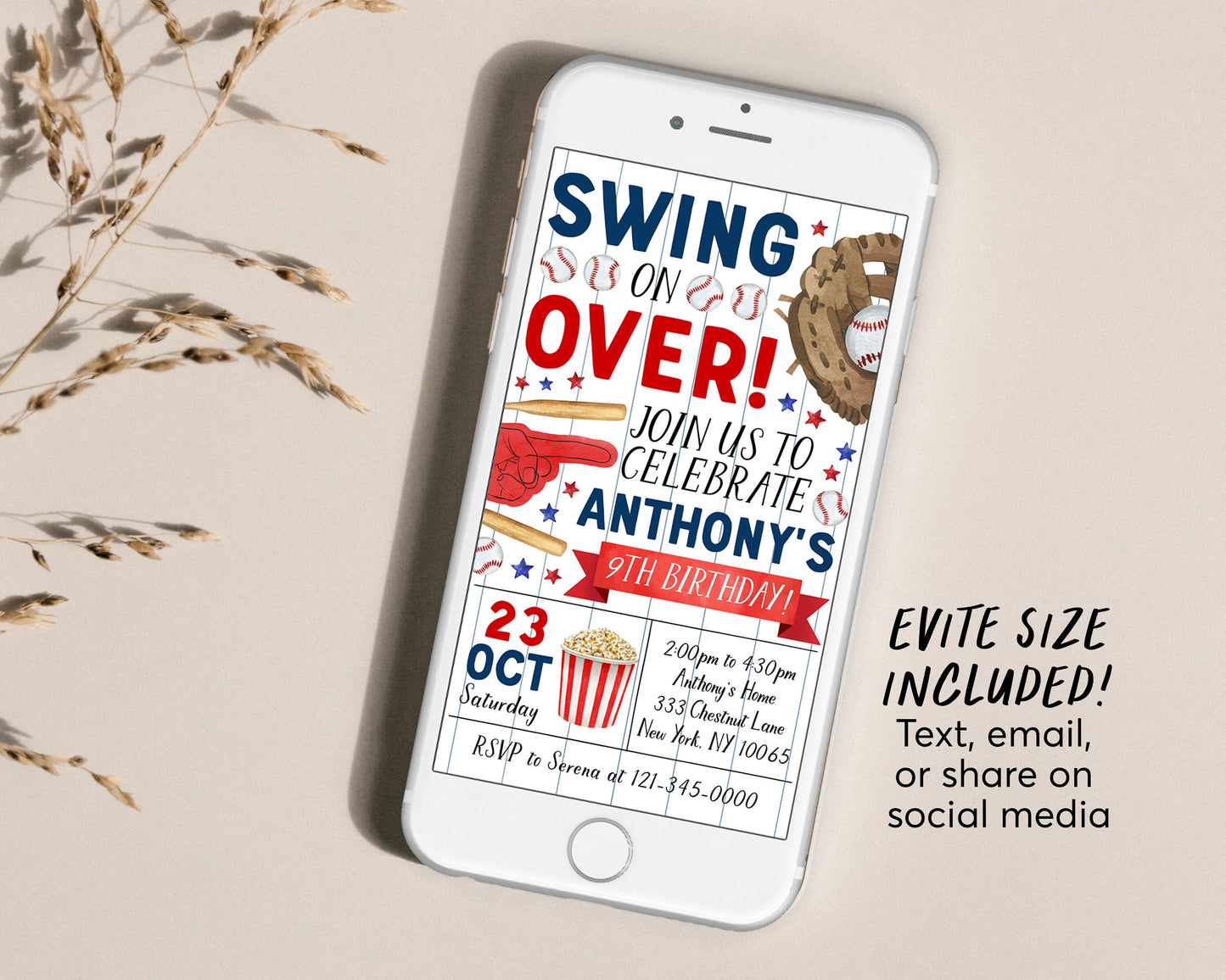 Baseball Birthday Invitation Editable Template, Boy Swing On Over Invite, Kids Slugger Sports Theme Game Day All Stars Evite Printable