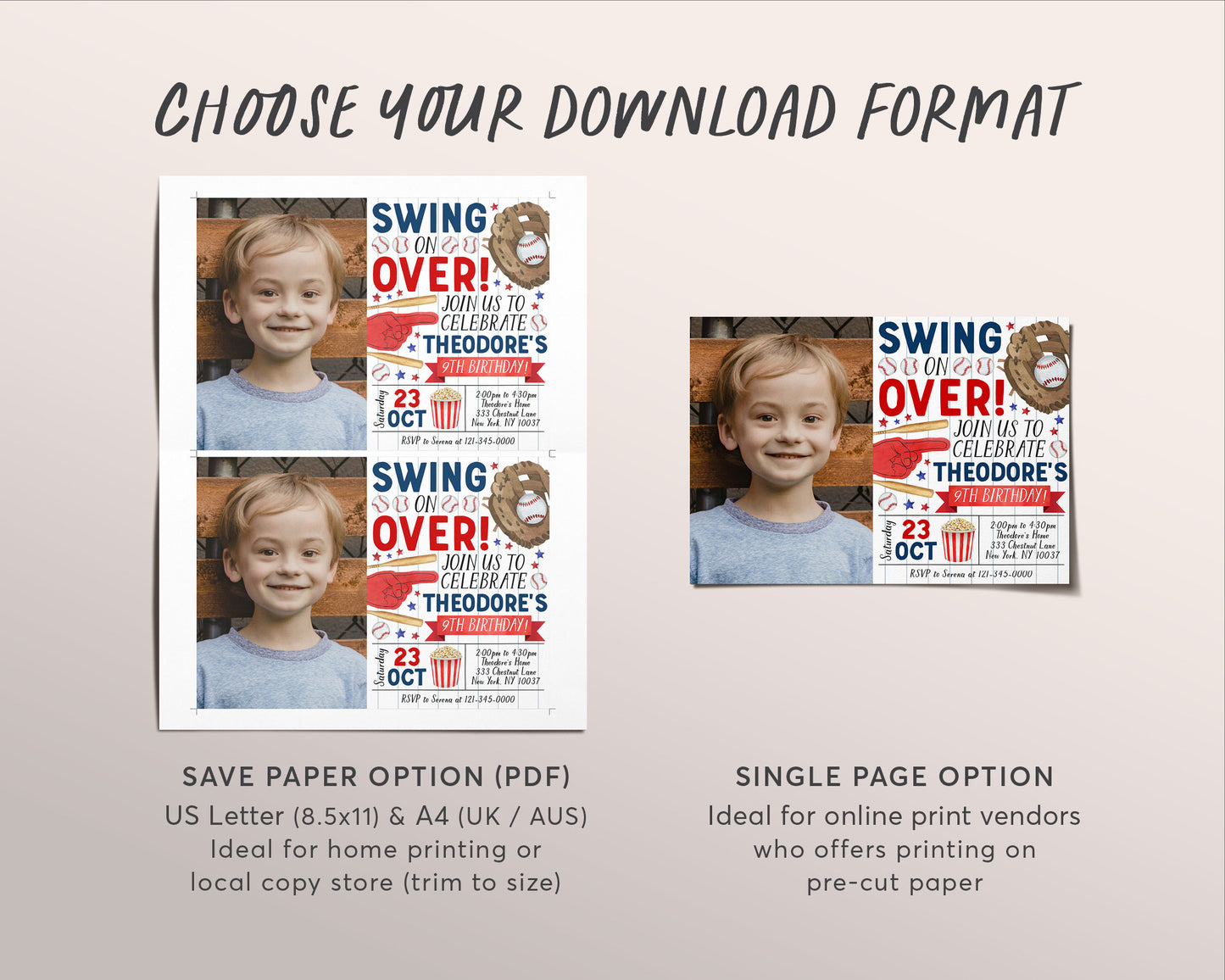 Baseball Birthday Invitation With Photo Editable Template, Boy Swing On Over Invite, Kids Slugger Sports Theme Game Day All Stars Evite