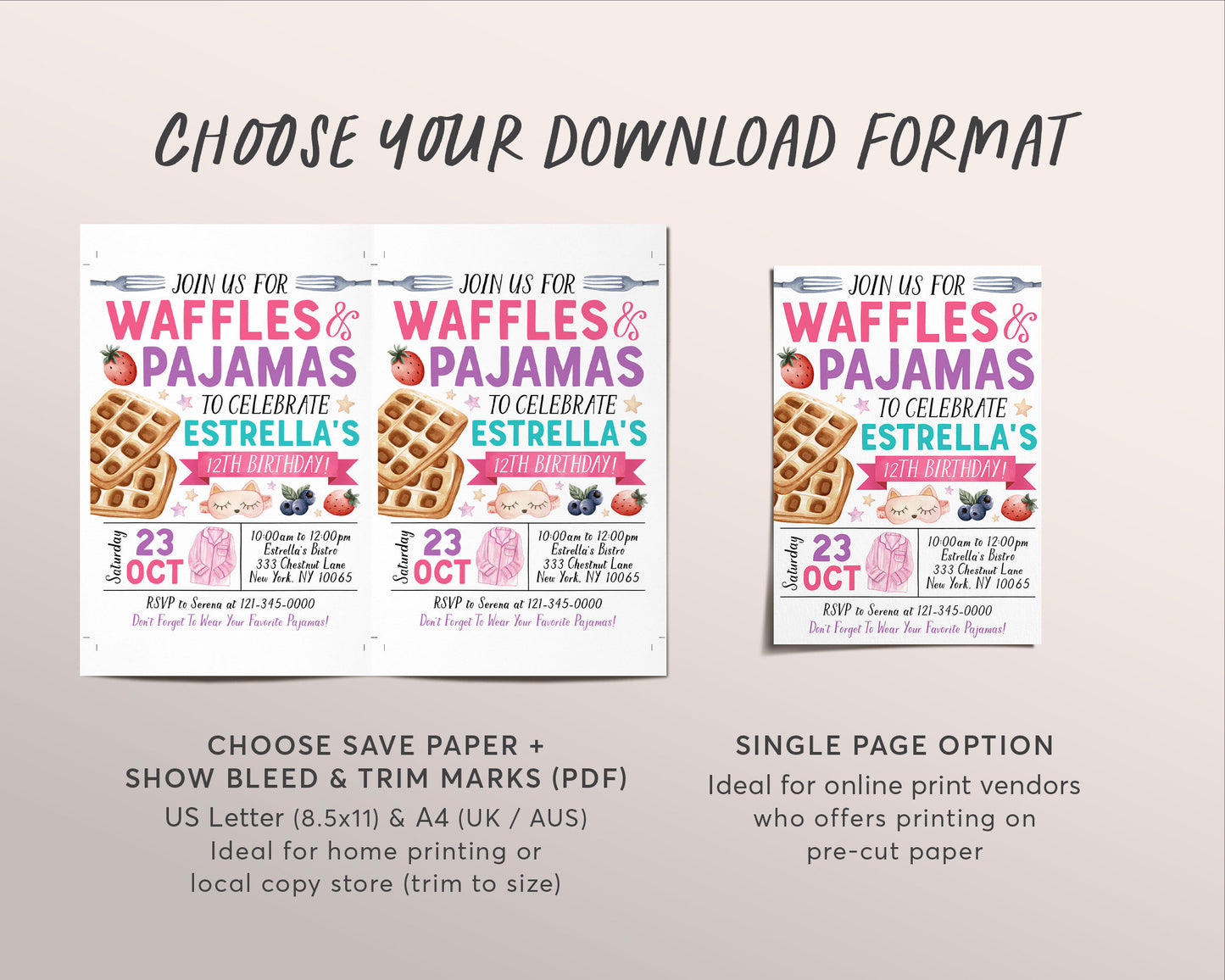 Waffles and Pajamas Birthday Invitation Editable Template, Girl Waffles And PJs Party Invite, Kids Breakfast Brunch Evite, Slumber Party