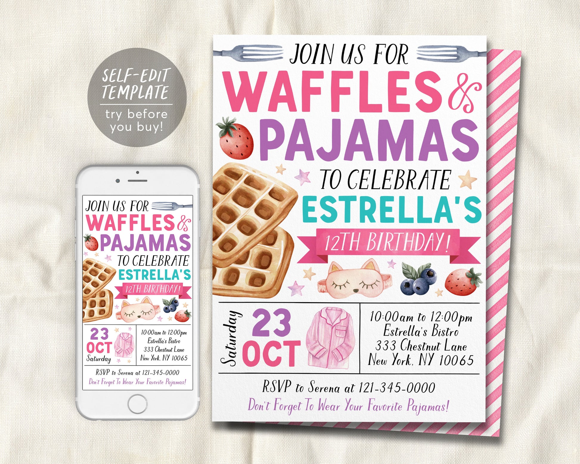 Waffles and Pajamas Birthday Invitation Editable Template, Girl Waffle – Puff Paper Co waffles-and-pajamas-birthday-invitation-editable-template-girl-waffle-puff-paper-co