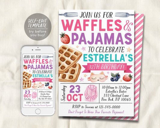 Waffles and Pajamas Birthday Invitation Editable Template