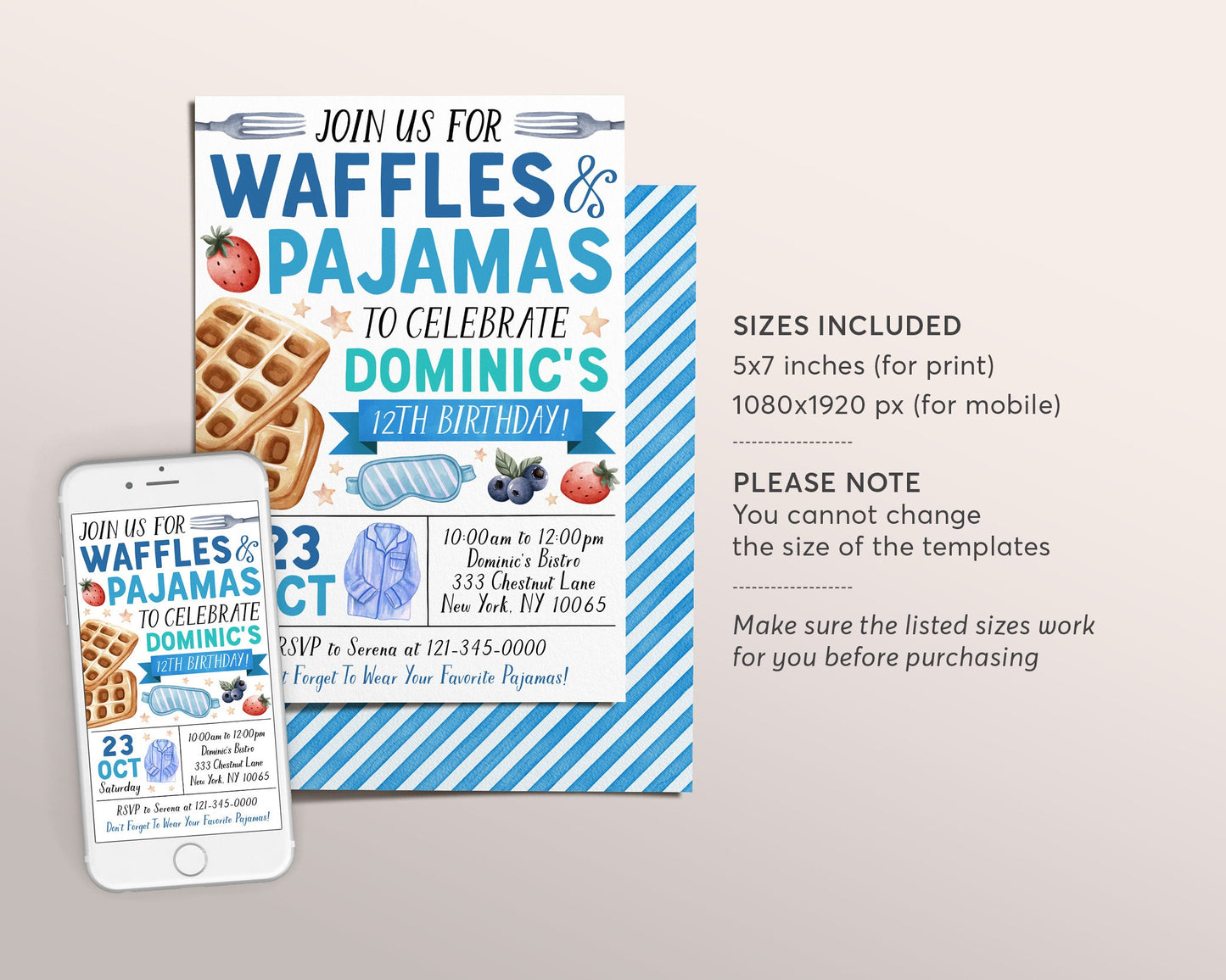 Waffles and Pajamas Birthday Invitation Editable Template, Boy Waffles And PJs Party Invite, Kids Breakfast Brunch Evite, Slumber Party