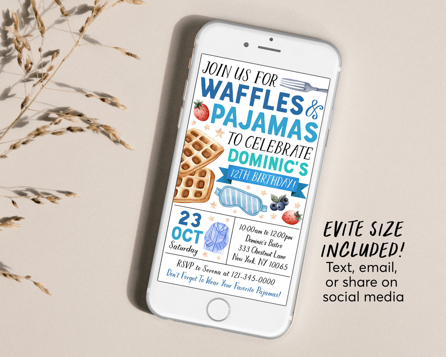 Waffles and Pajamas Birthday Invitation Editable Template, Boy Waffles And PJs Party Invite, Kids Breakfast Brunch Evite, Slumber Party