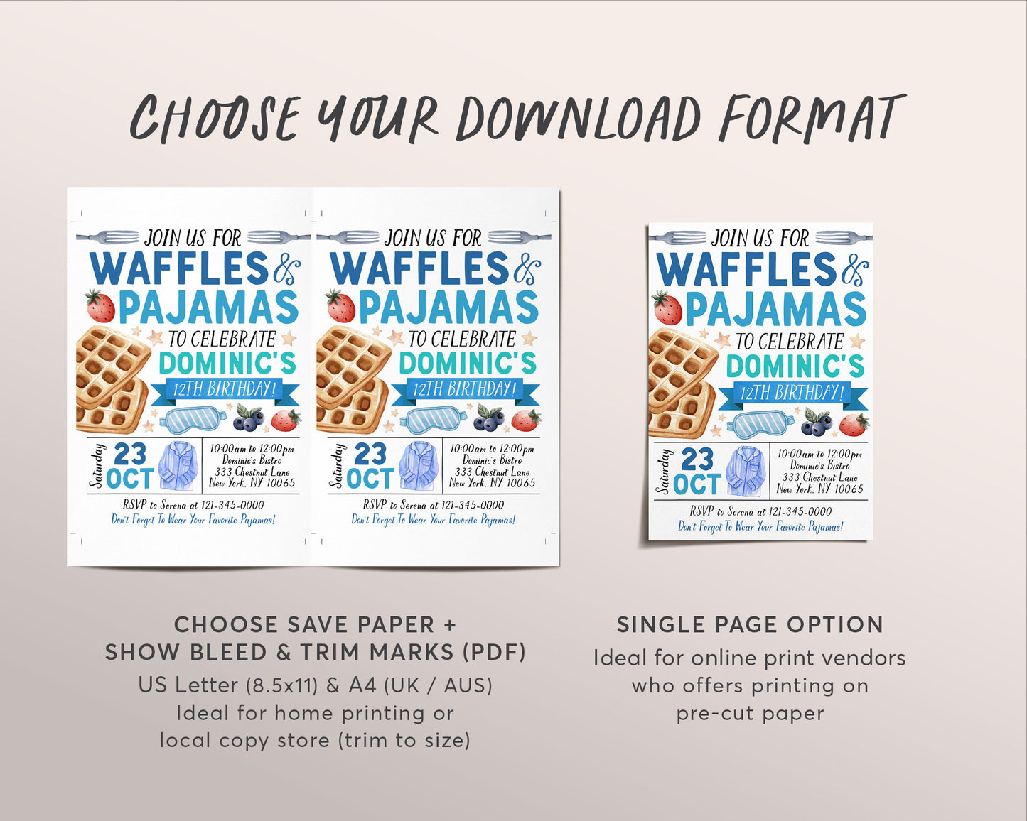 Waffles and Pajamas Birthday Invitation Editable Template, Boy Waffles And PJs Party Invite, Kids Breakfast Brunch Evite, Slumber Party