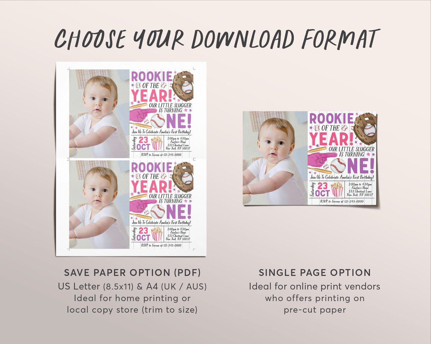 Baseball First Birthday With Photo Invitation Editable Template, Girl Rookie Of The Year Invite, Kids Sports Theme Game Day All Stars Evite