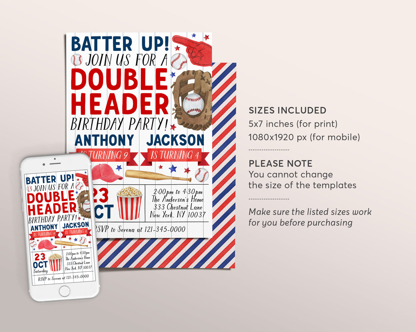 Baseball Joint Siblings Birthday Invitation Editable Template, Brothers Twins Boys Batter Up Invite, Kids Slugger Sports Theme Game Day