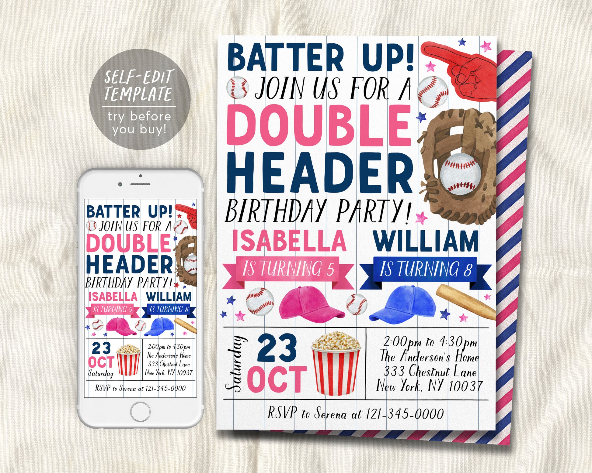 Baseball Boy Girl Joint Siblings Birthday Invitation Editable Template, Twins Batter Up Invite, Kids Slugger Sports Theme Double Header