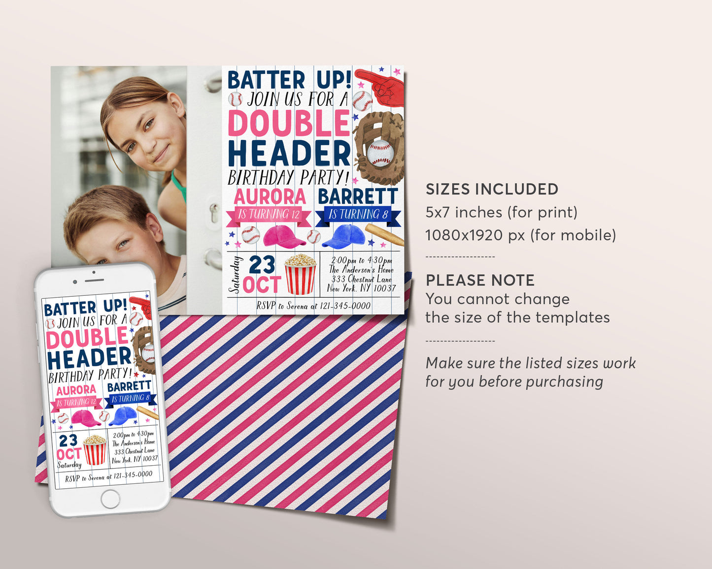 Baseball Boy Girl Joint Siblings Birthday Invitation With Photo Editable Template, Twins Batter Up Invite, Kids Sports Theme Double Header