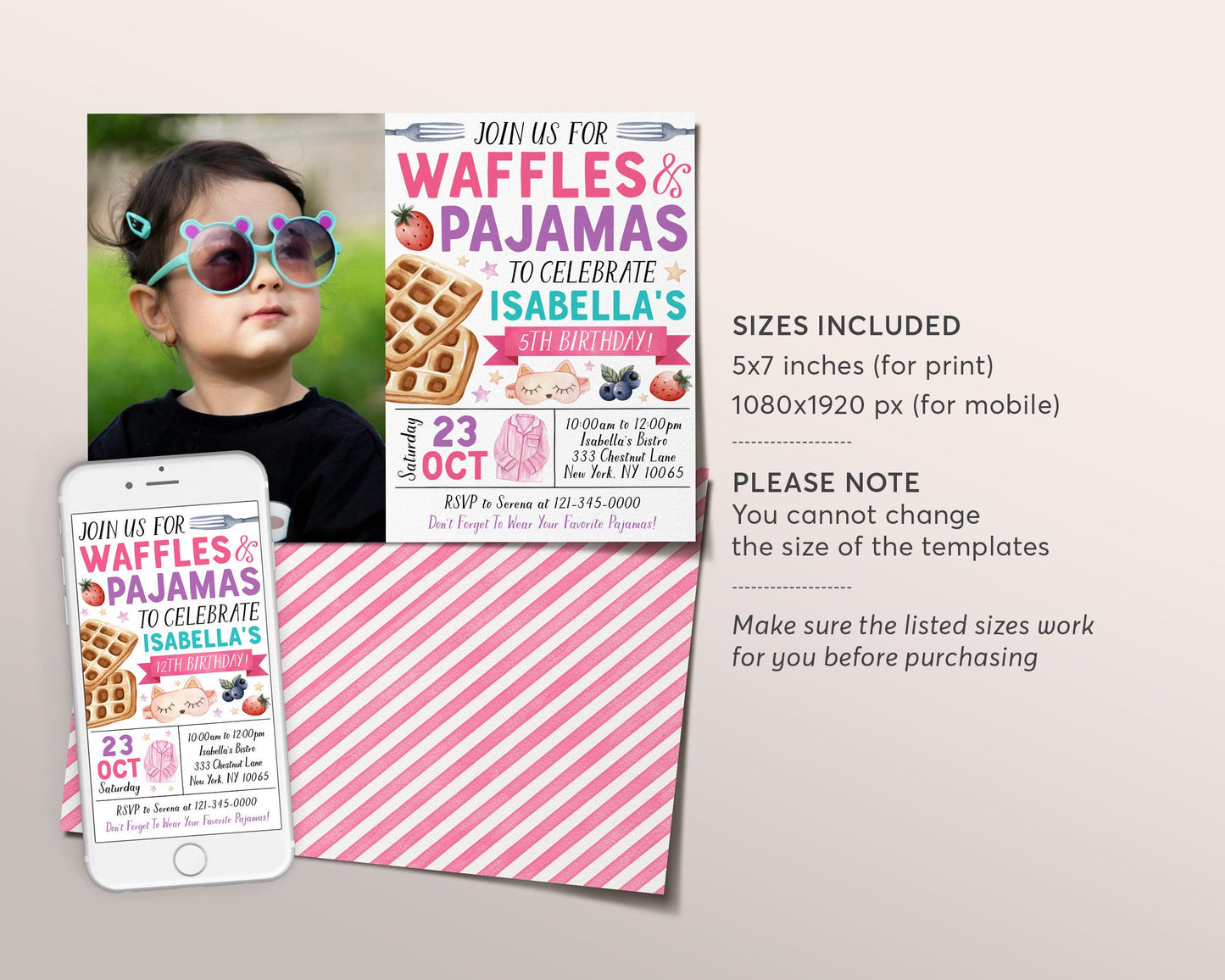 Waffles and Pajamas Birthday Invitation With Photo Editable Template, Girl Waffles And PJs Party Invite, Kids Breakfast Brunch Evite