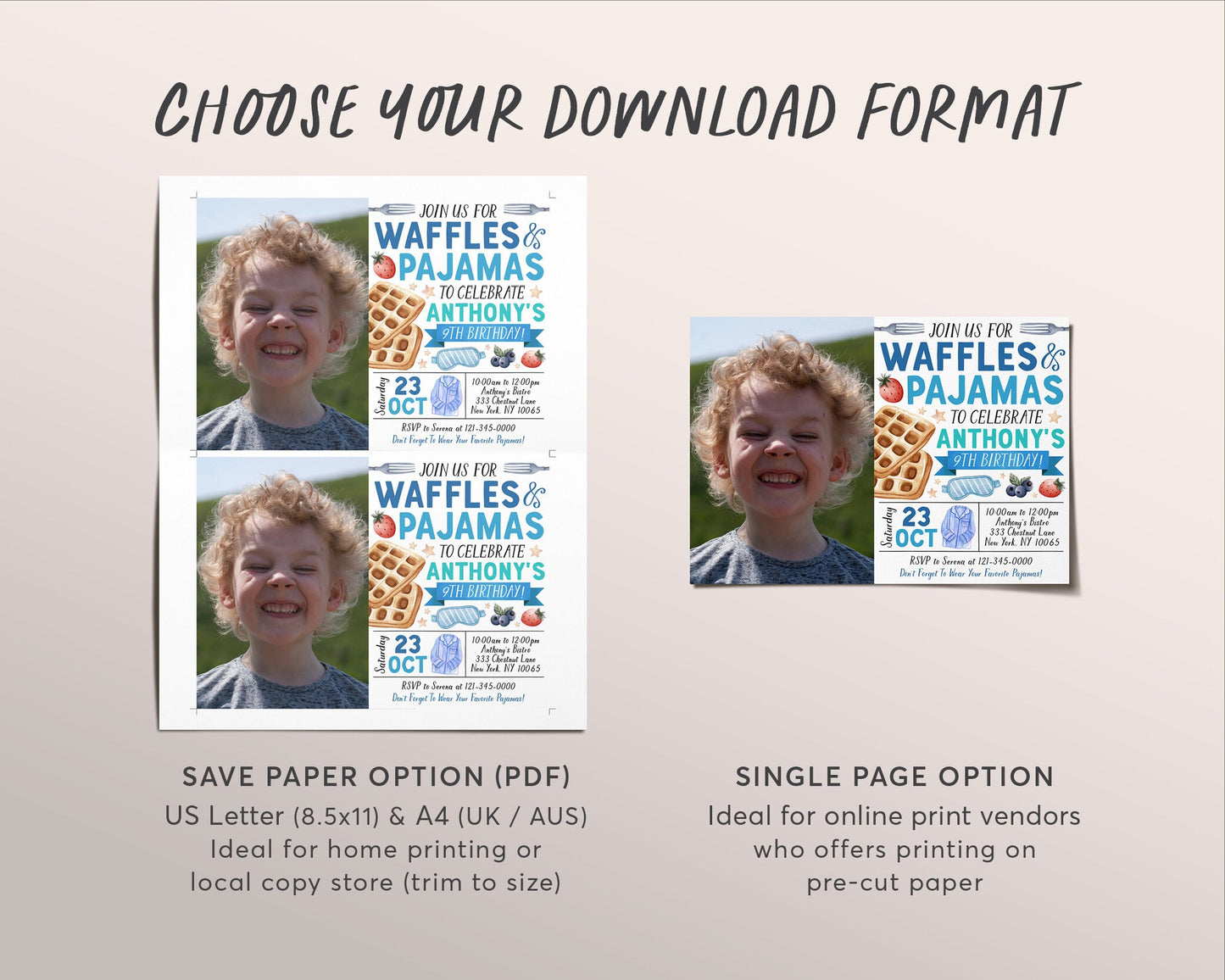 Waffles and Pajamas Birthday Invitation With Photo Editable Template, Boy Waffles And PJs Party Invite, Kids Breakfast Brunch Evite