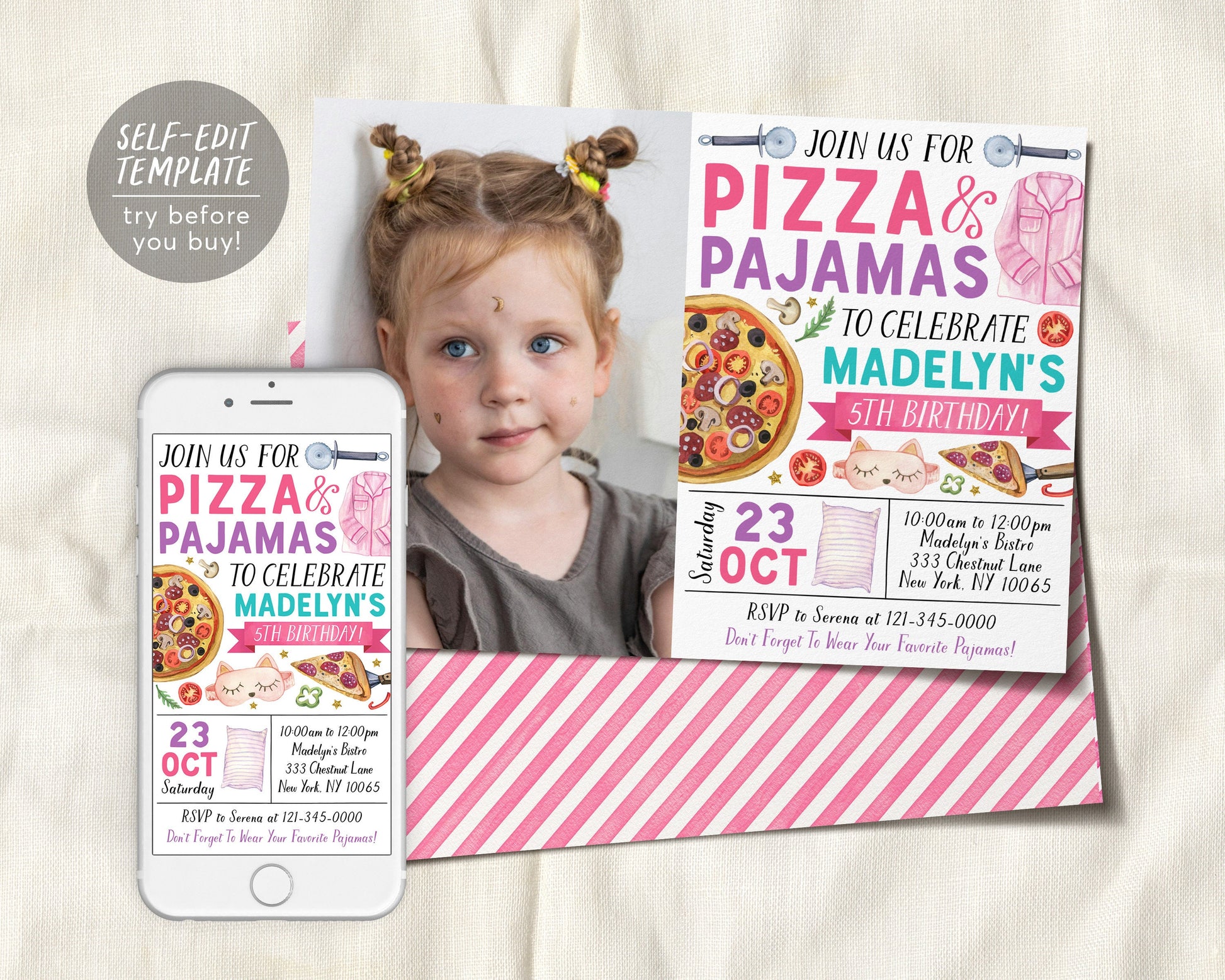 Pizza and Pajamas Birthday Invitation With Photo Editable Template