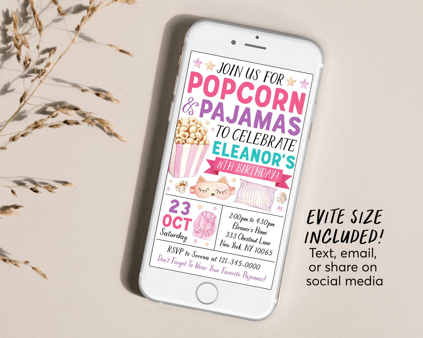 Popcorn and Pajamas Birthday Invitation Editable Template, Girl Tween Movie Night Party Invite, Kids Popcorn And PJs Slumber Party Evite