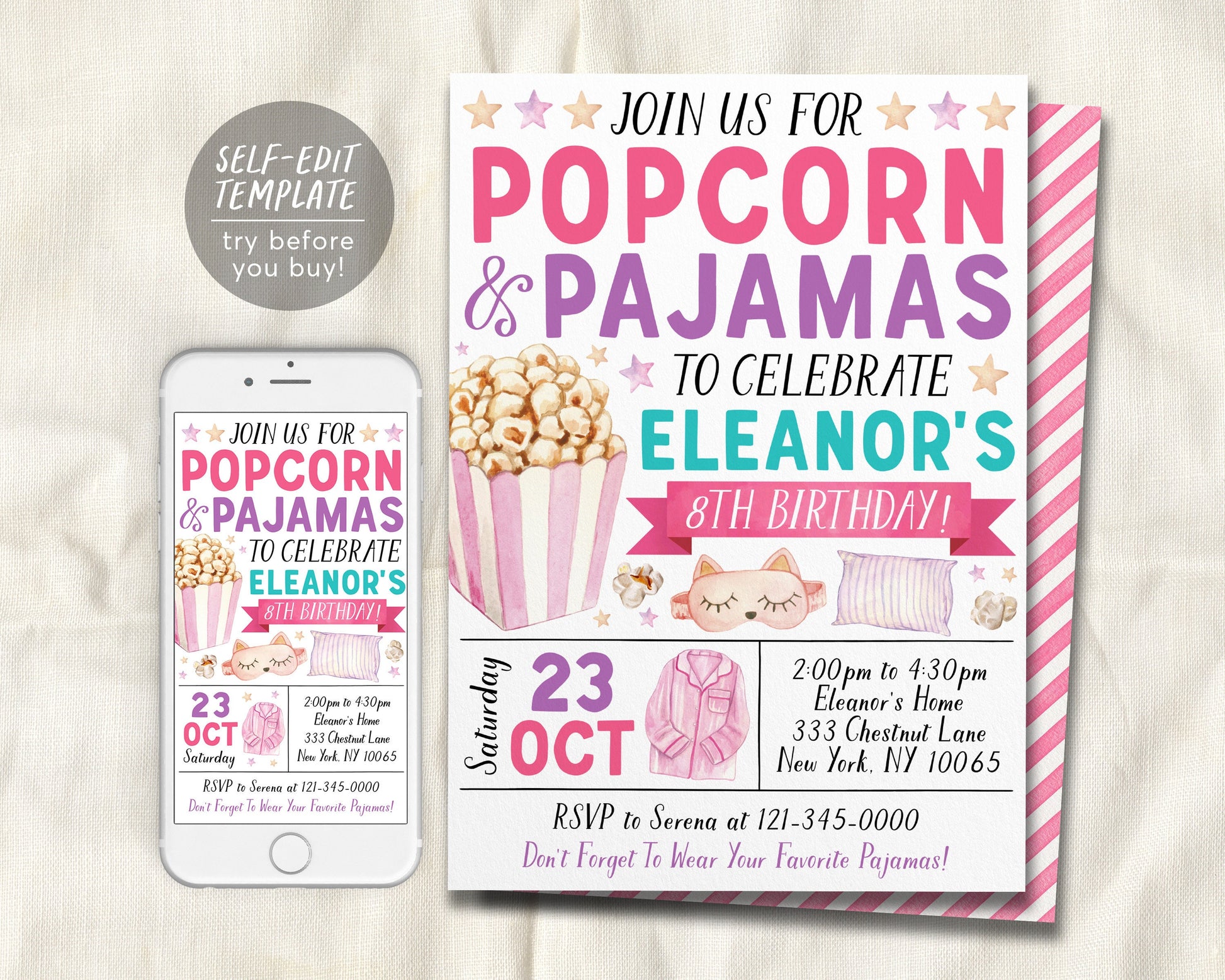 Popcorn and Pajamas Birthday Invitation Editable Template