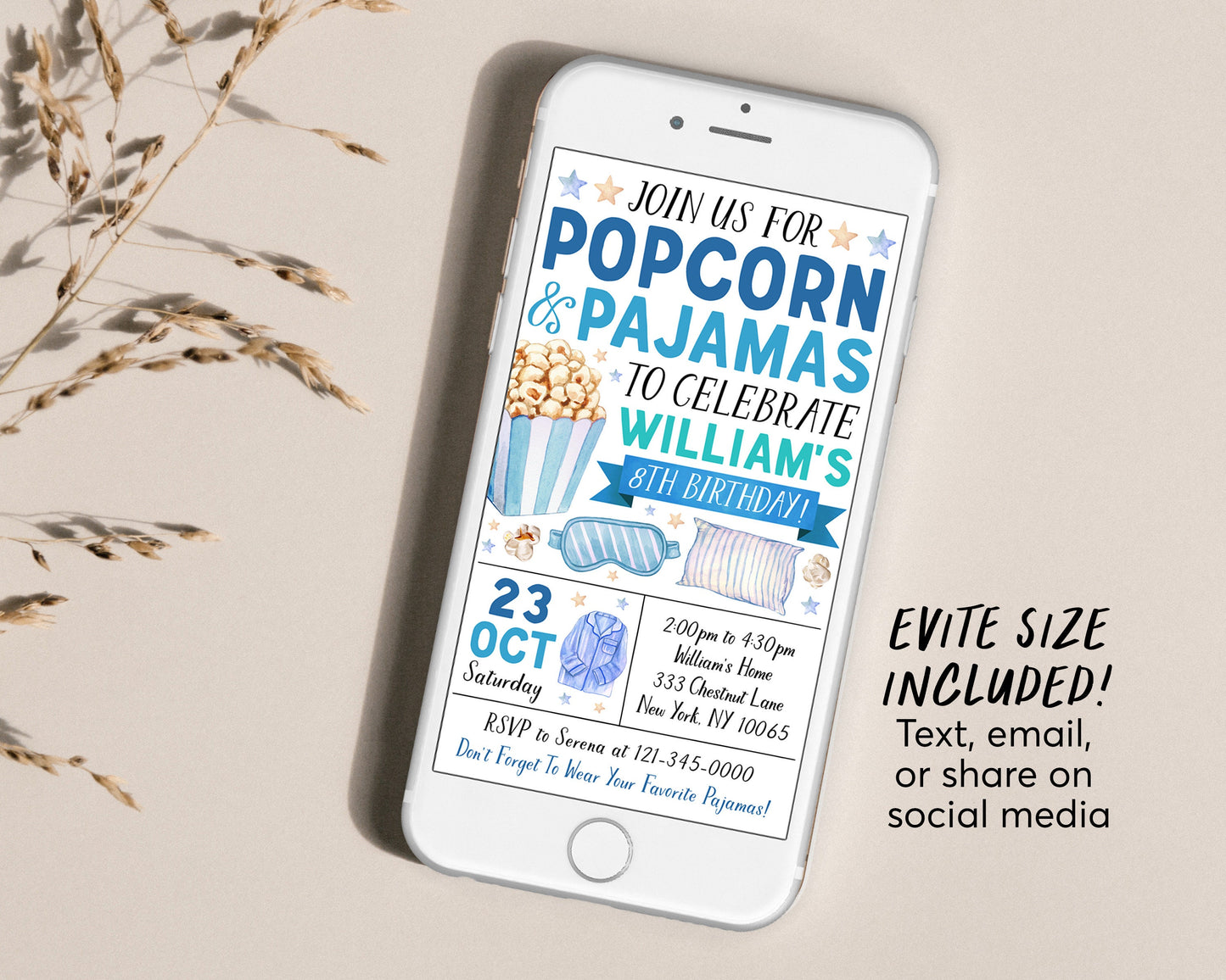 Popcorn and Pajamas Birthday Invitation Editable Template, Boy Tween Movie Night Party Invite, Kids Popcorn And PJs Slumber Party Evite