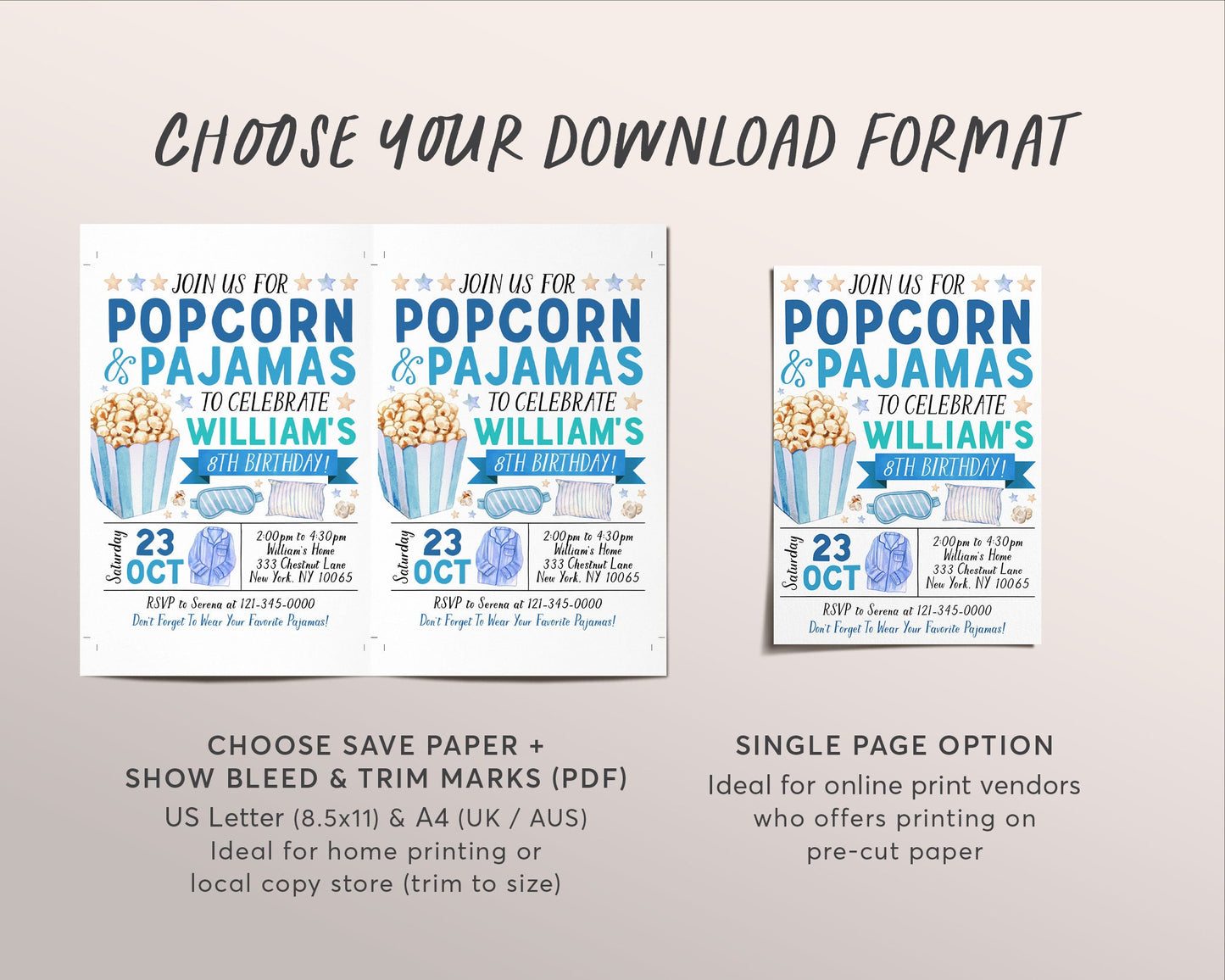 Popcorn and Pajamas Birthday Invitation Editable Template, Boy Tween Movie Night Party Invite, Kids Popcorn And PJs Slumber Party Evite