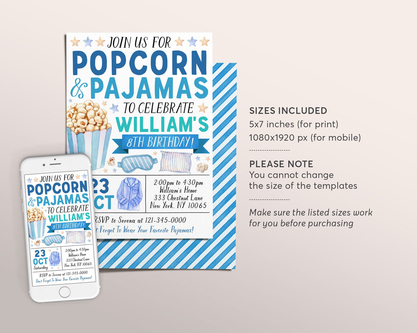 Popcorn and Pajamas Birthday Invitation Editable Template, Boy Tween Movie Night Party Invite, Kids Popcorn And PJs Slumber Party Evite