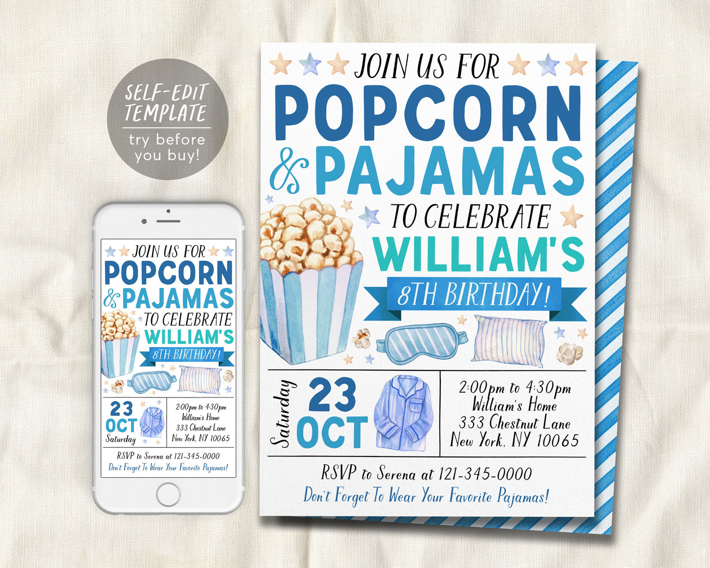 Popcorn and Pajamas Birthday Invitation Editable Template