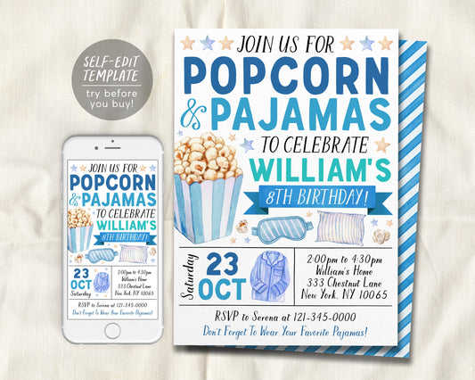 Popcorn and Pajamas Birthday Invitation Editable Template