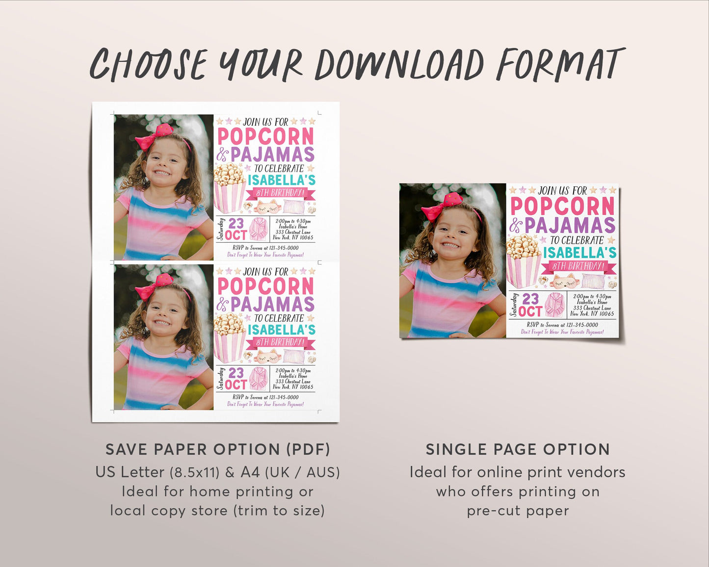 Popcorn and Pajamas Birthday Invitation With Photo Editable Template, Girl Tween Movie Night Party Invite, Kids PJs Slumber Party Evite