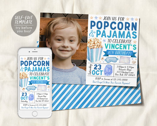 Popcorn and Pajamas Birthday Invitation With Photo Editable Template