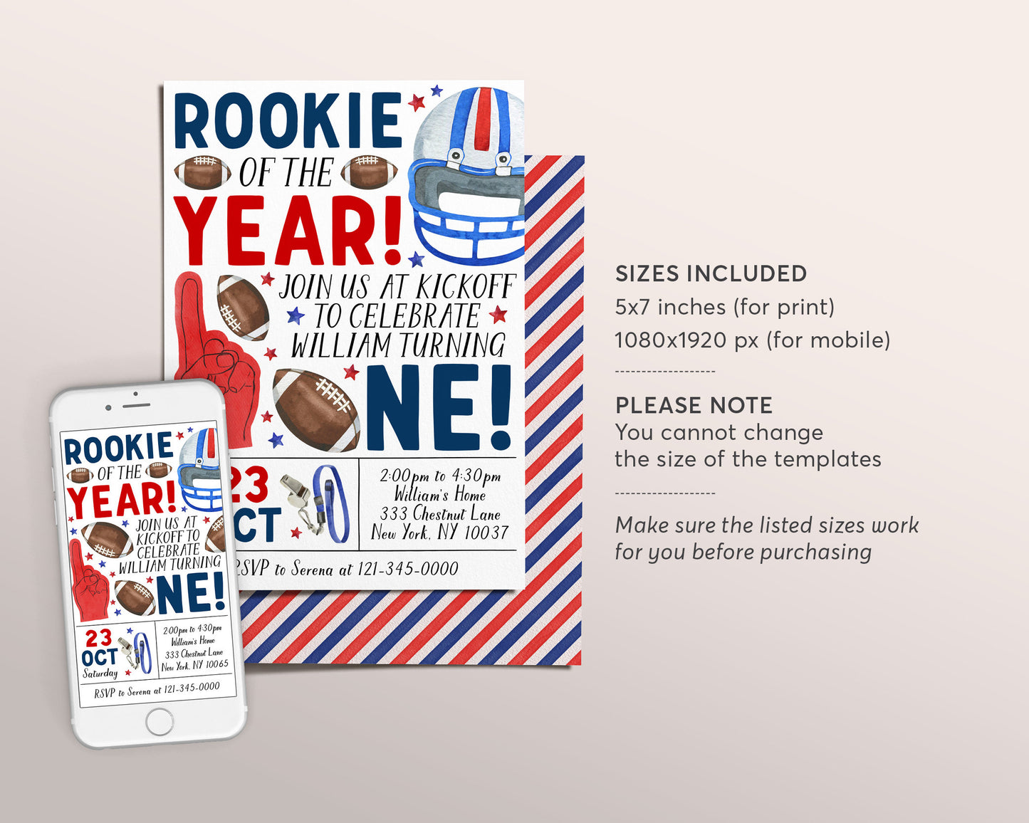 Football First Birthday Invitation Editable Template, Boy Rookie Of The Year Invite, Kids Sports Theme It's Game Time Evite First Year Down