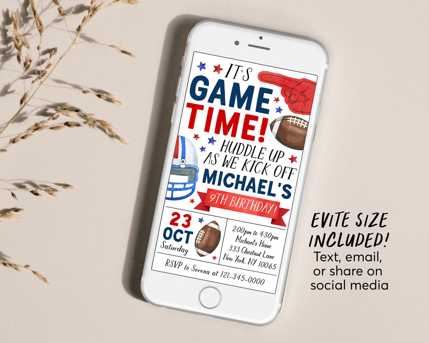 Football Birthday Invitation Editable Template, Boy Football Theme Party Invite, Kids Sports Theme It's Game Time Evite, American Football