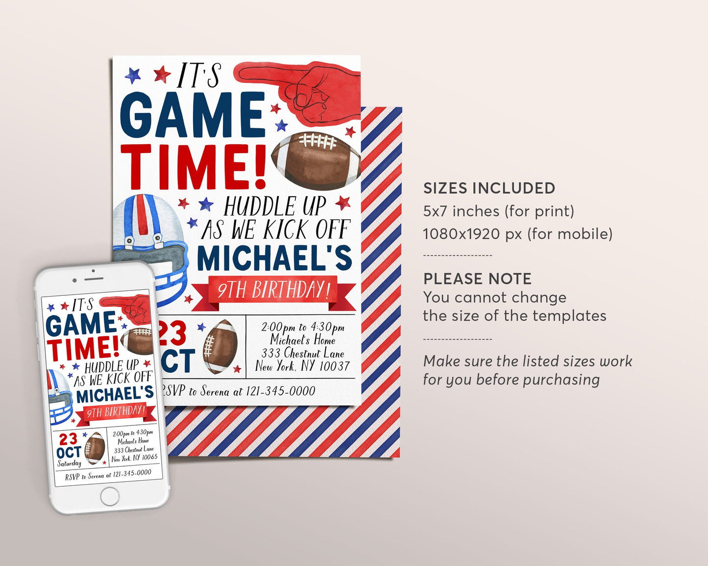 Football Birthday Invitation Editable Template, Boy Football Theme Party Invite, Kids Sports Theme It's Game Time Evite, American Football